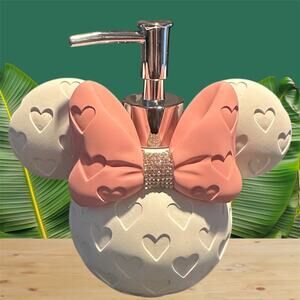 NWT Disney HOME White Minnie Mouse Pink Rhinestone Bow Lotion Soap Pump
